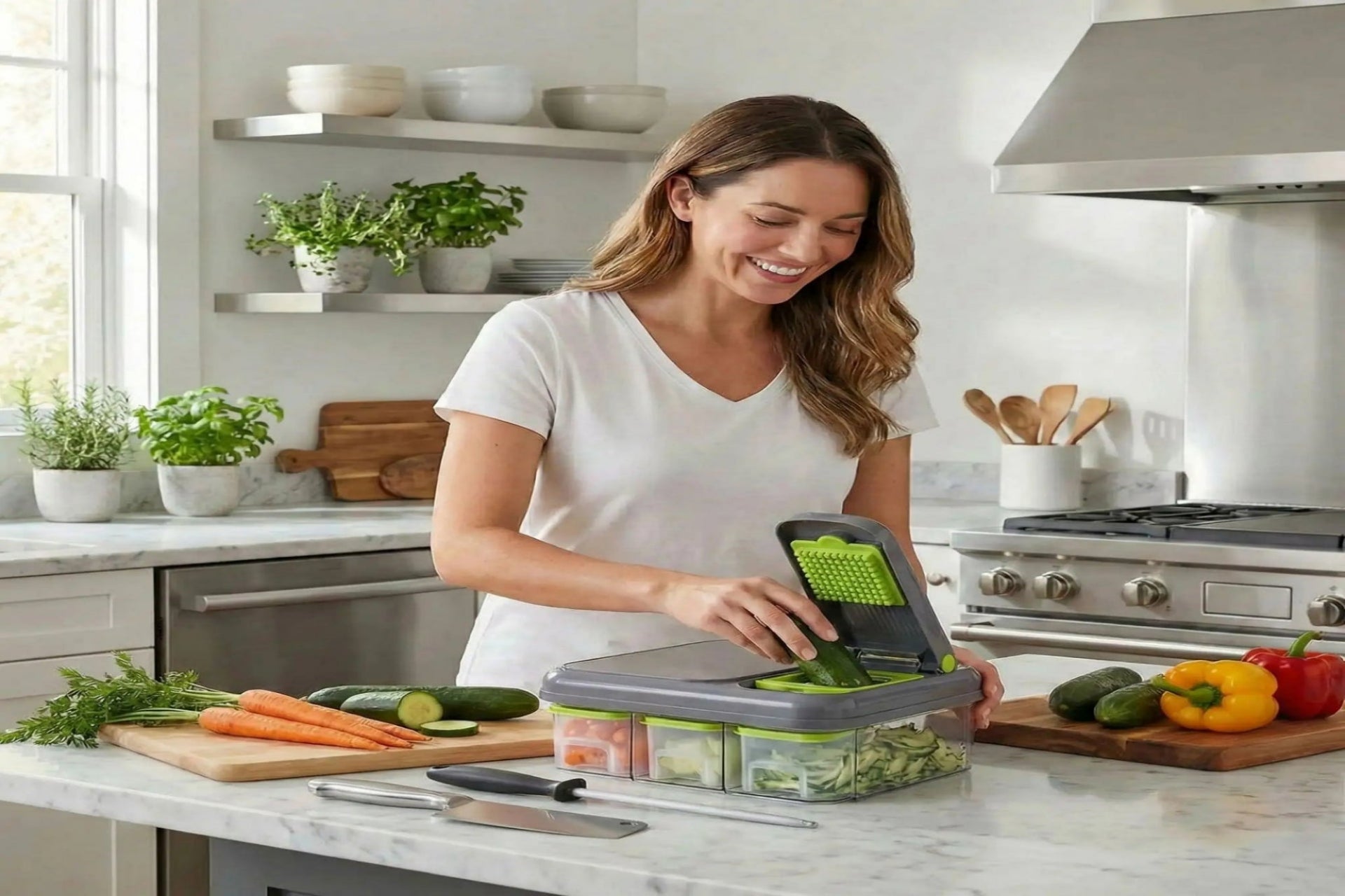 Une femme entraine couper legumes avec mandoline cuisine